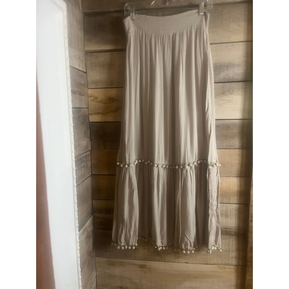 Chicos Beige Pom Pom Trim Tiered Maxi Skirt Smocked Waist Boho Neutral Size 0